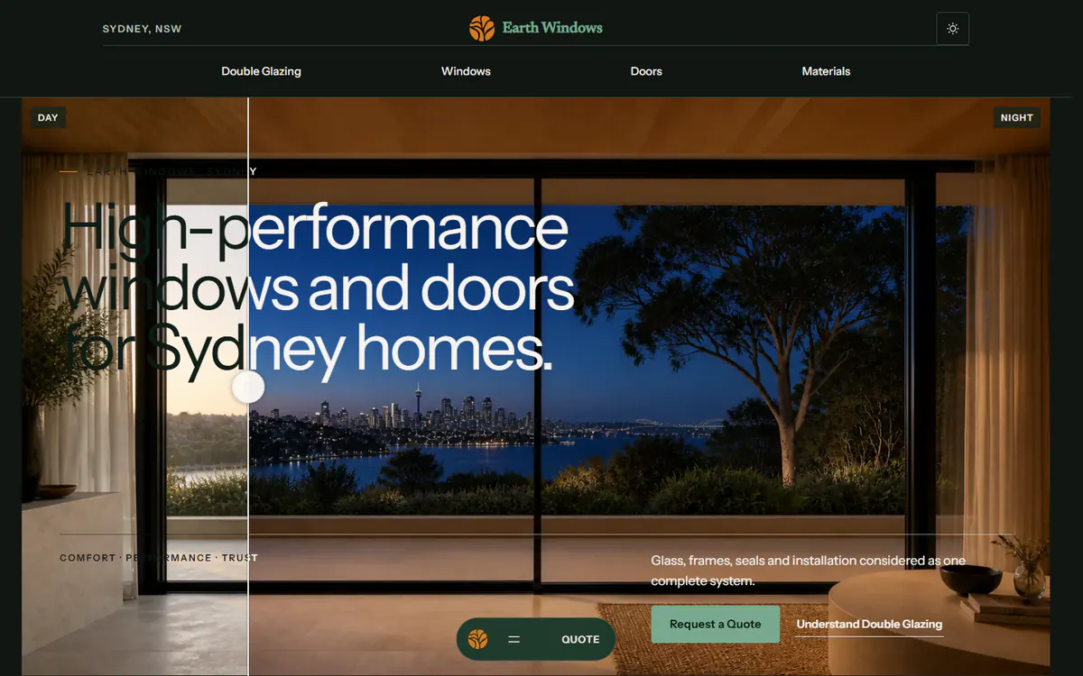 Captura do site de Earth Windows, site premium internacional em Sydney, Austrália