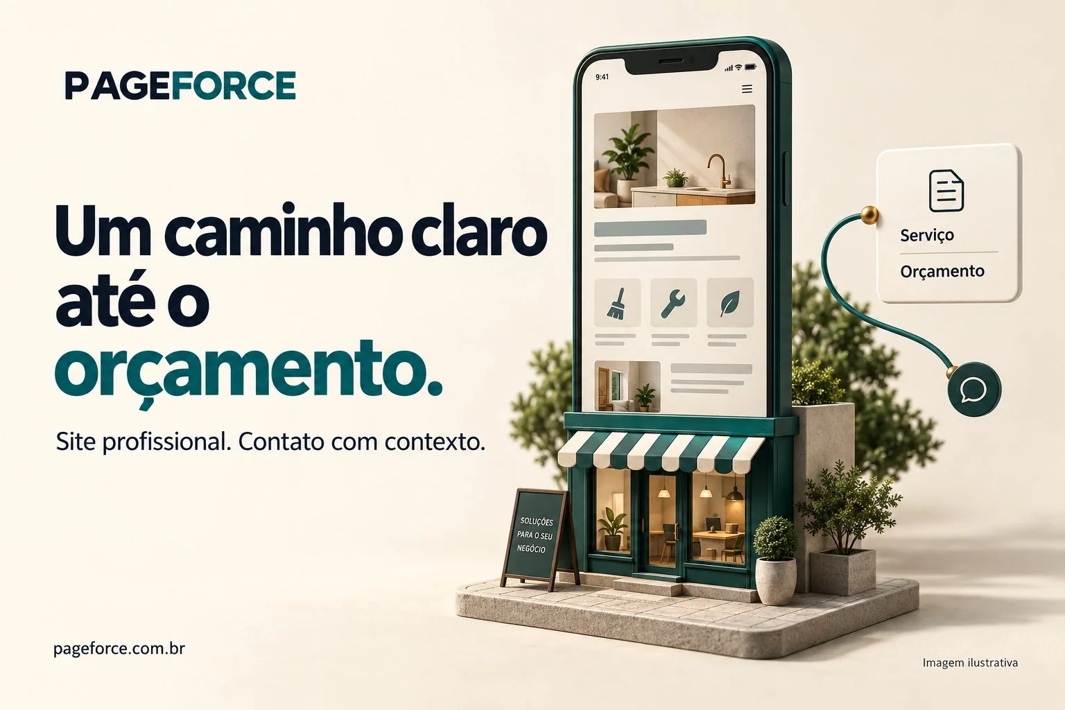 Ilustração de uma vitrine e um celular representando o caminho do site ao pedido de orçamento.