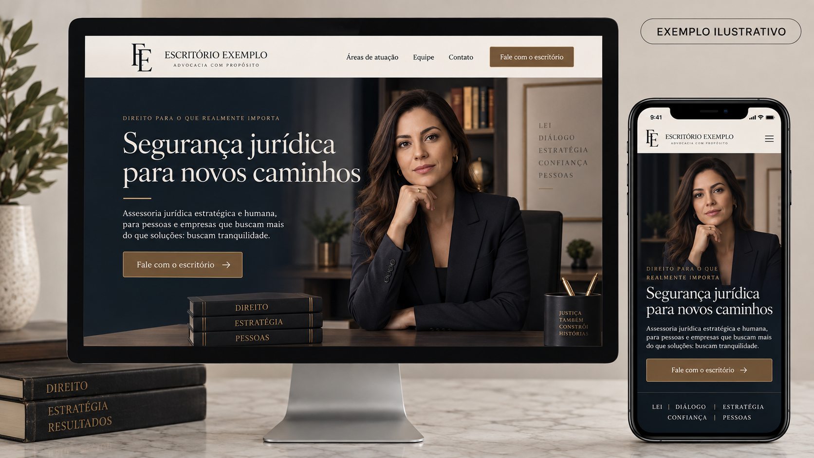 Prévia ilustrativa de site jurídico em computador e celular com advogada fictícia no hero das duas telas.