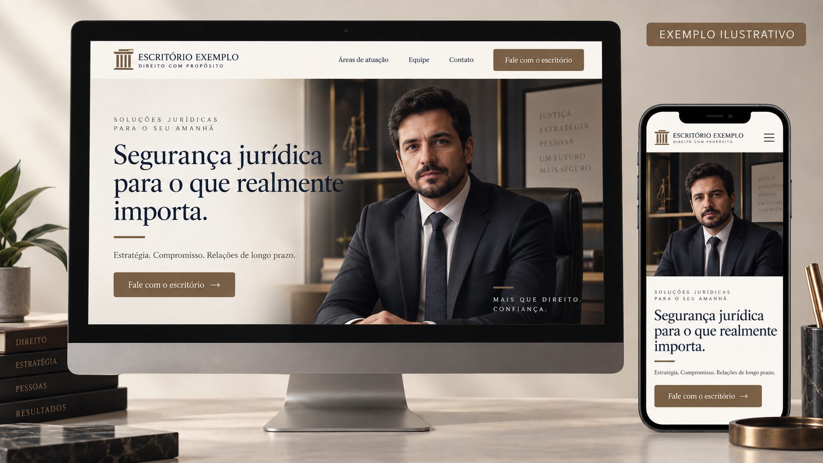 Prévia ilustrativa de site jurídico em computador e celular com advogado fictício no hero das duas telas.