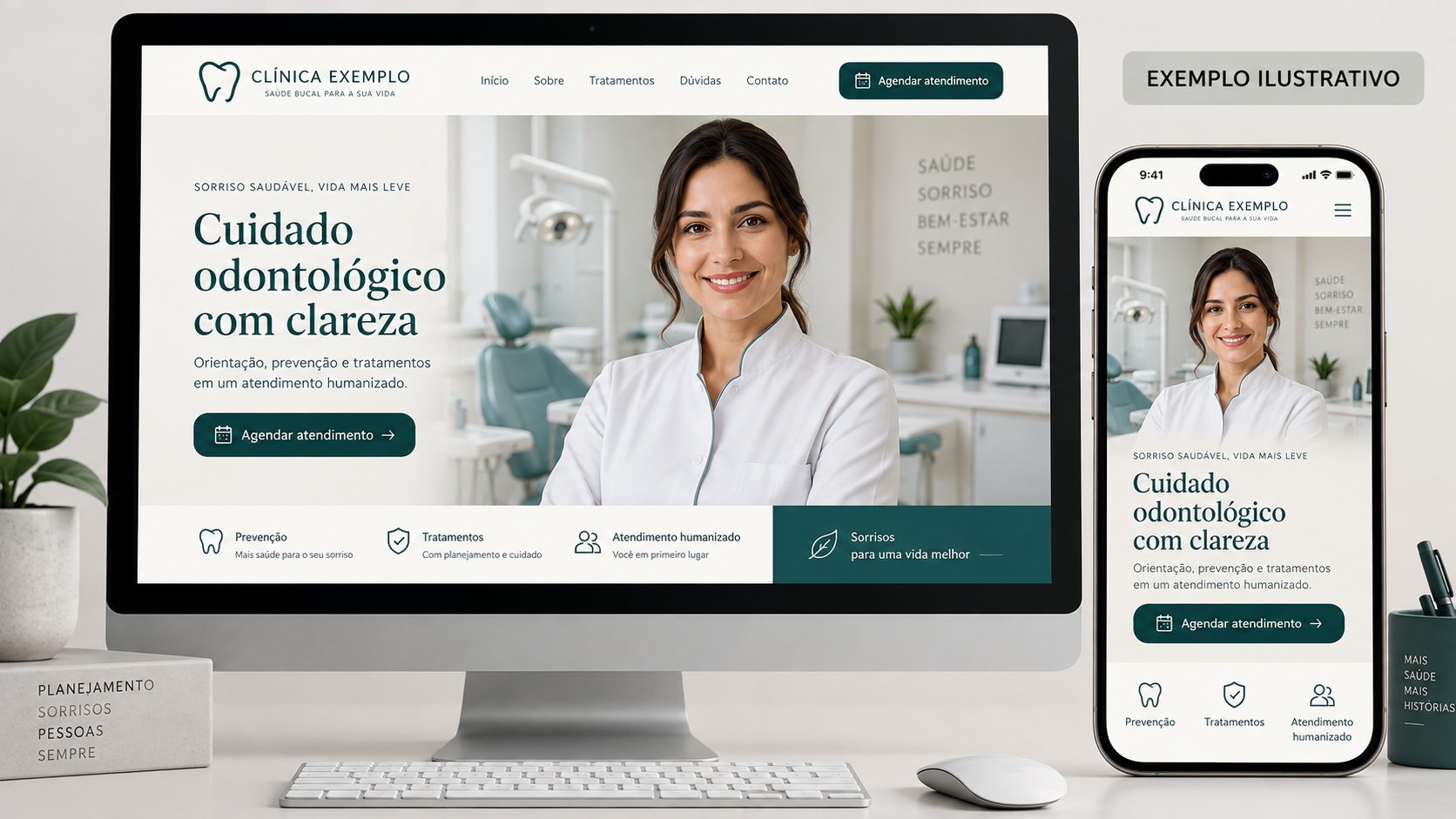 Prévia ilustrativa de site odontológico em computador e celular com dentista fictícia no hero das duas telas.