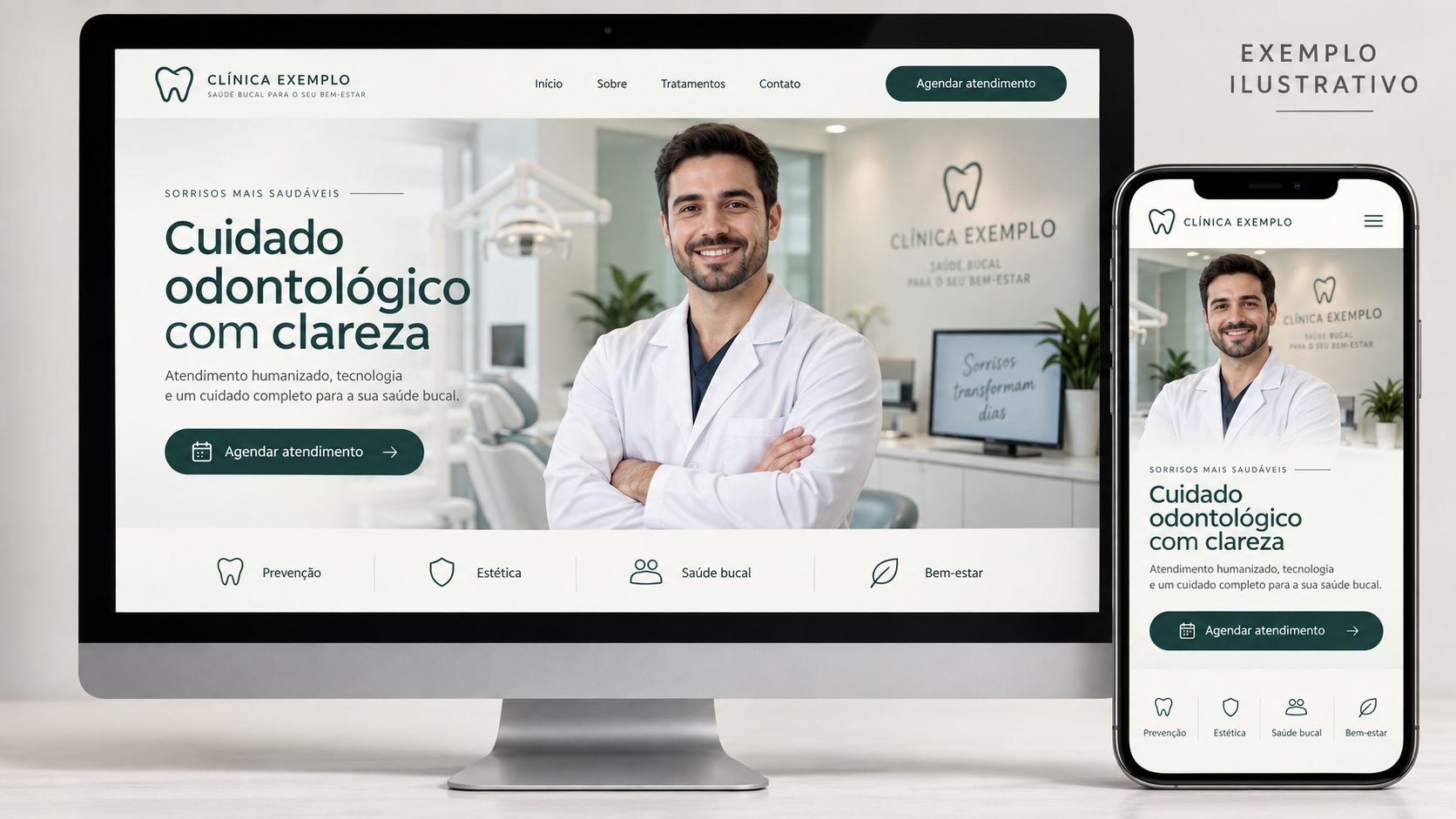 Prévia ilustrativa de site odontológico em computador e celular com dentista fictício no hero das duas telas.