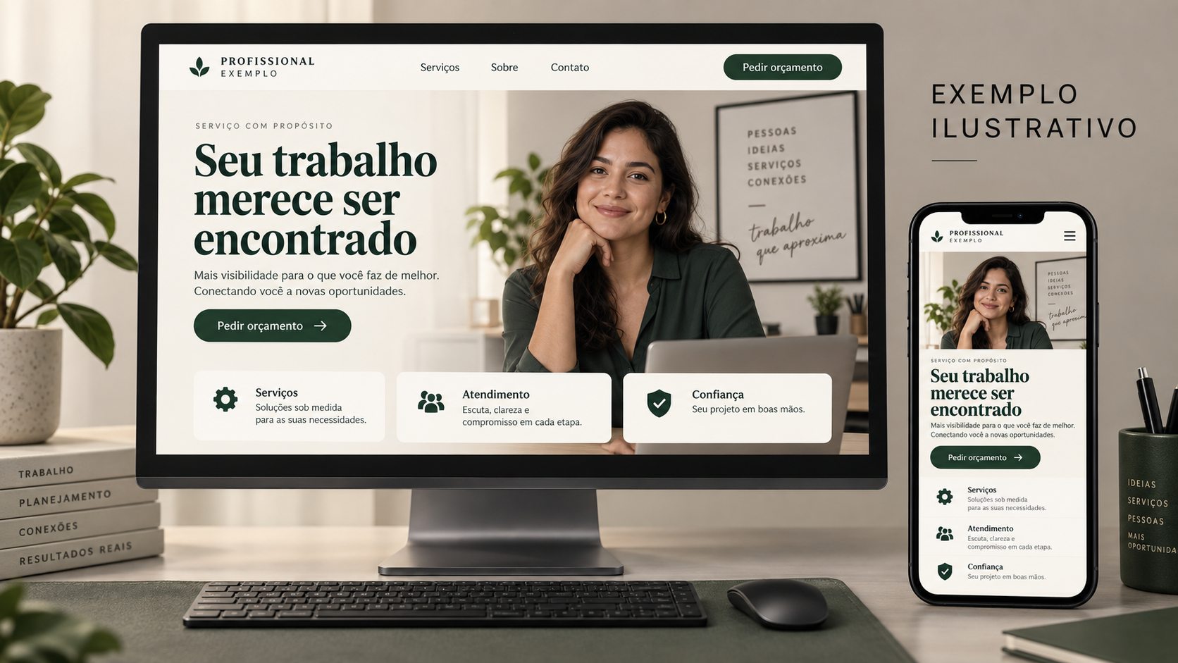 Prévia ilustrativa de site profissional em computador e celular com prestadora de serviço fictícia no hero das duas telas.