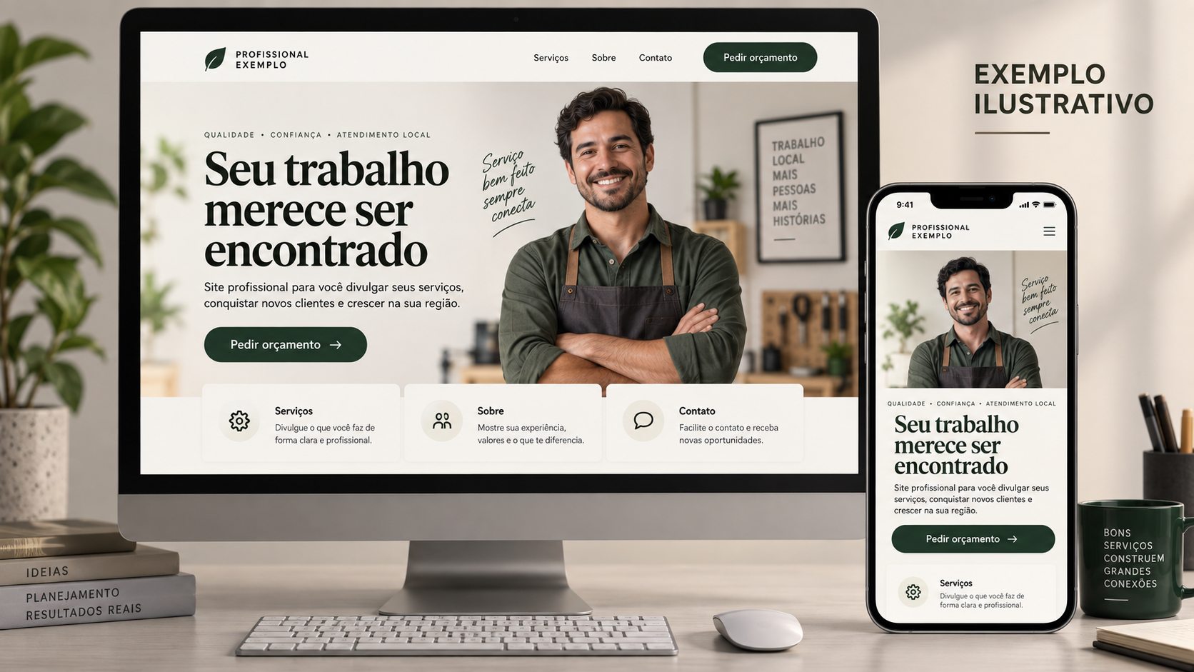 Prévia ilustrativa de site profissional em computador e celular com prestador de serviço fictício no hero das duas telas.